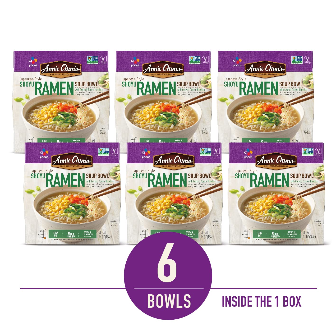 Annie Chun's - Noodle Soup Bowl, Shoyu Ramen Flavor, Instant & Microwavable, Non-GMO, Vegan, Healthy & Delicious, 5.4 Oz (Pack of 6)