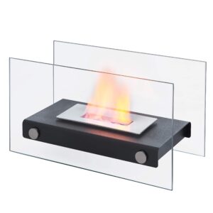 danya b. rectangular tabletop smokeless fireplace with clear glass panels, indoor/outdoor use, ventless, portable, 7.5" h x 6.75" d x 13.25" w, modern matte black metal fire pit, bio-ethanol fuel