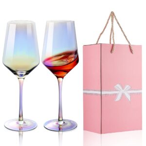 yolife wine glasses, 14 oz iridescent wine glasses set of 2, crystal long stem wine glasses