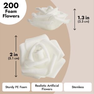 Bright Creations 200 Pack White Artificial Flower Heads, 2 Inch Stemless Fake Foam Roses for Wall Decorations, Wedding Receptions, Faux Bouquets, Table Scatter, and DIY Crafting Projects