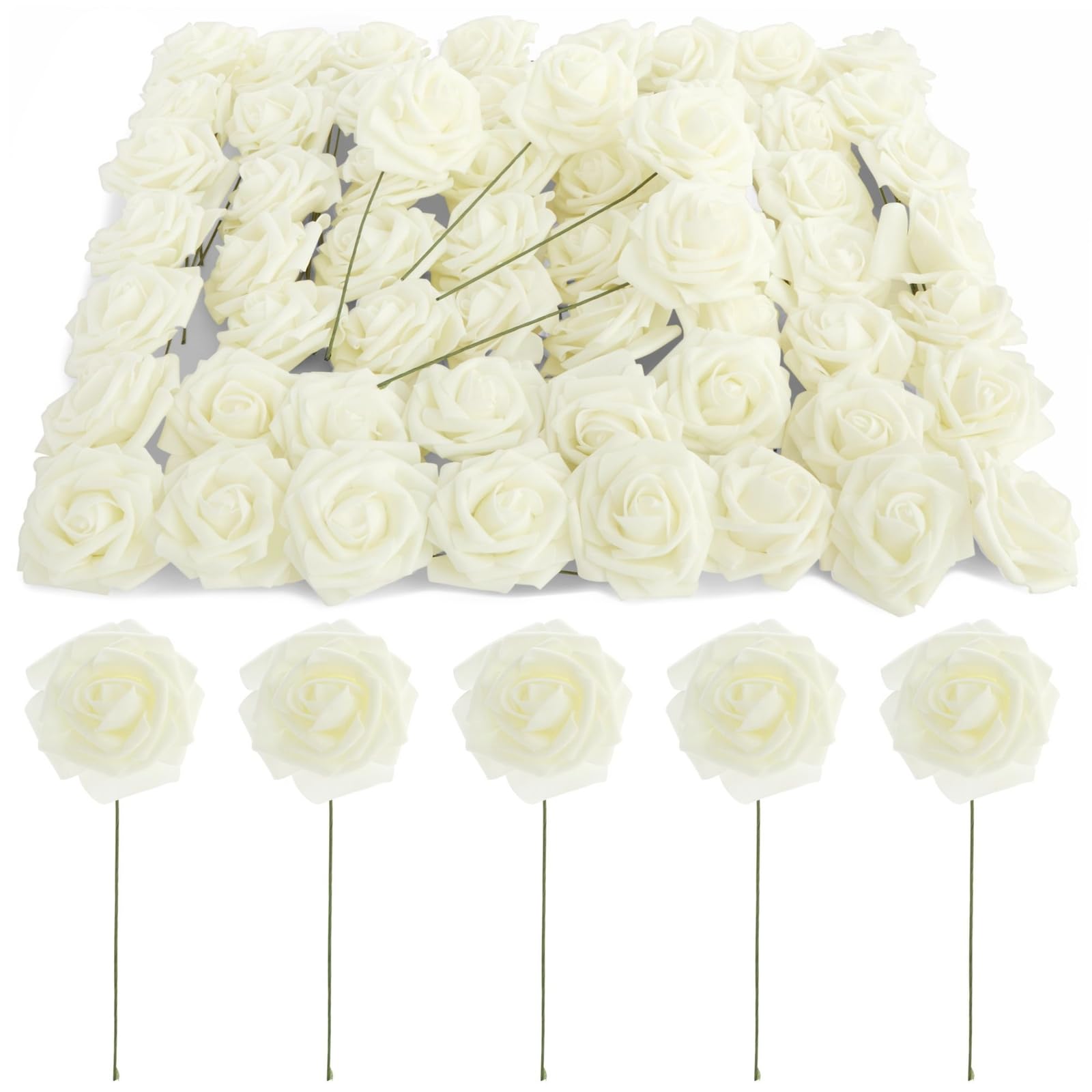 Bright Creations 60 Pack White Artificial Roses with Stems, Fake Faux Flowers Heads Bulk for Wedding Bouquets DIY & Bridal Shower, Cream, 3 inch