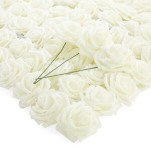 Bright Creations 60 Pack White Artificial Roses with Stems, Fake Faux Flowers Heads Bulk for Wedding Bouquets DIY & Bridal Shower, Cream, 3 inch