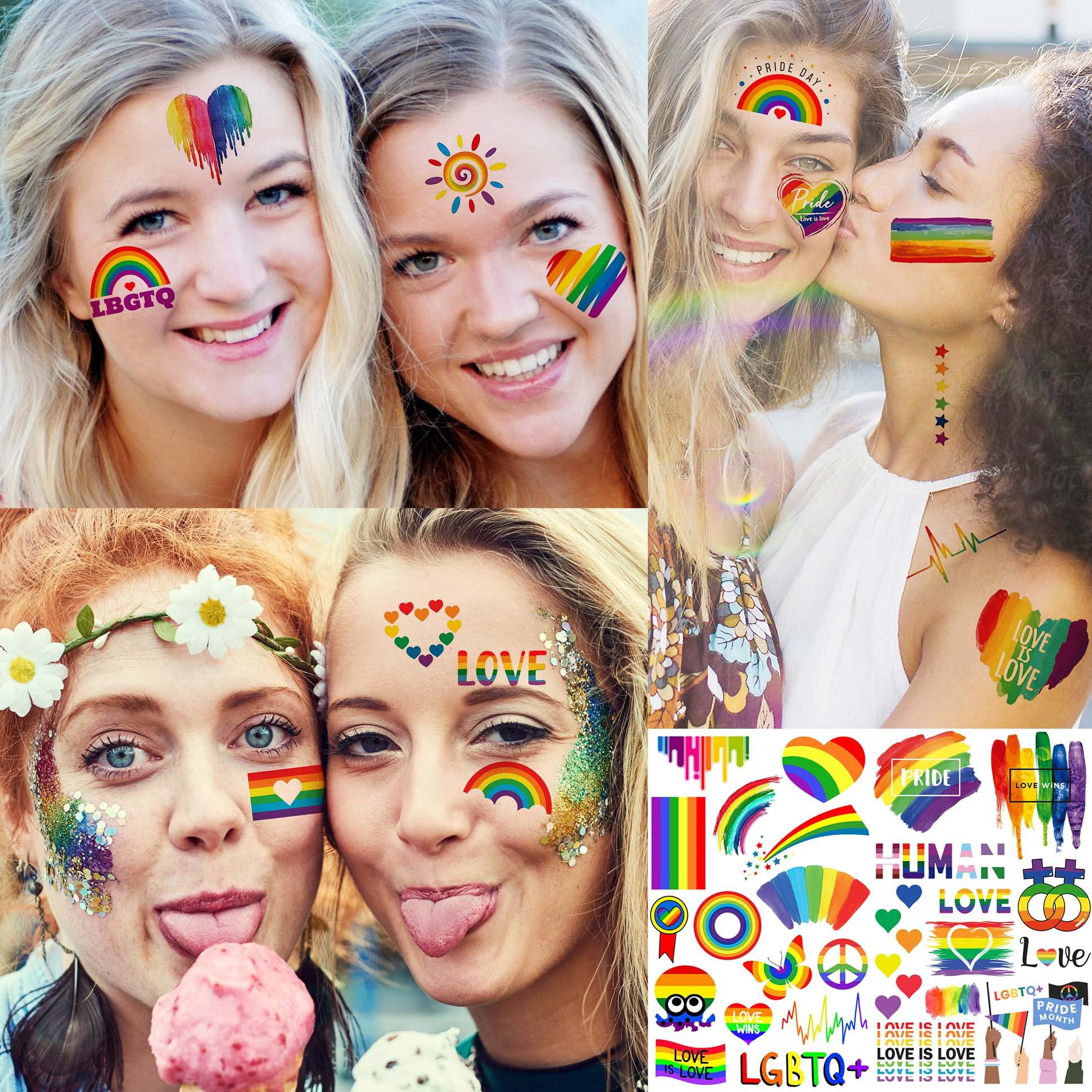 24 Sheets Pride Tattoos Temporary, Rainbow Temporary Tattoos for Women Men Adults, Gay Pride Face Temporary Tattoos Sticker Parades Celebration