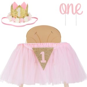 1st birthday girl decoration high chair tutu skirt with no.1 crown -1st birthday decorations cake smash for baby girls - first birthday banner, princess crown and 'one' cake topper in baby pink n gold