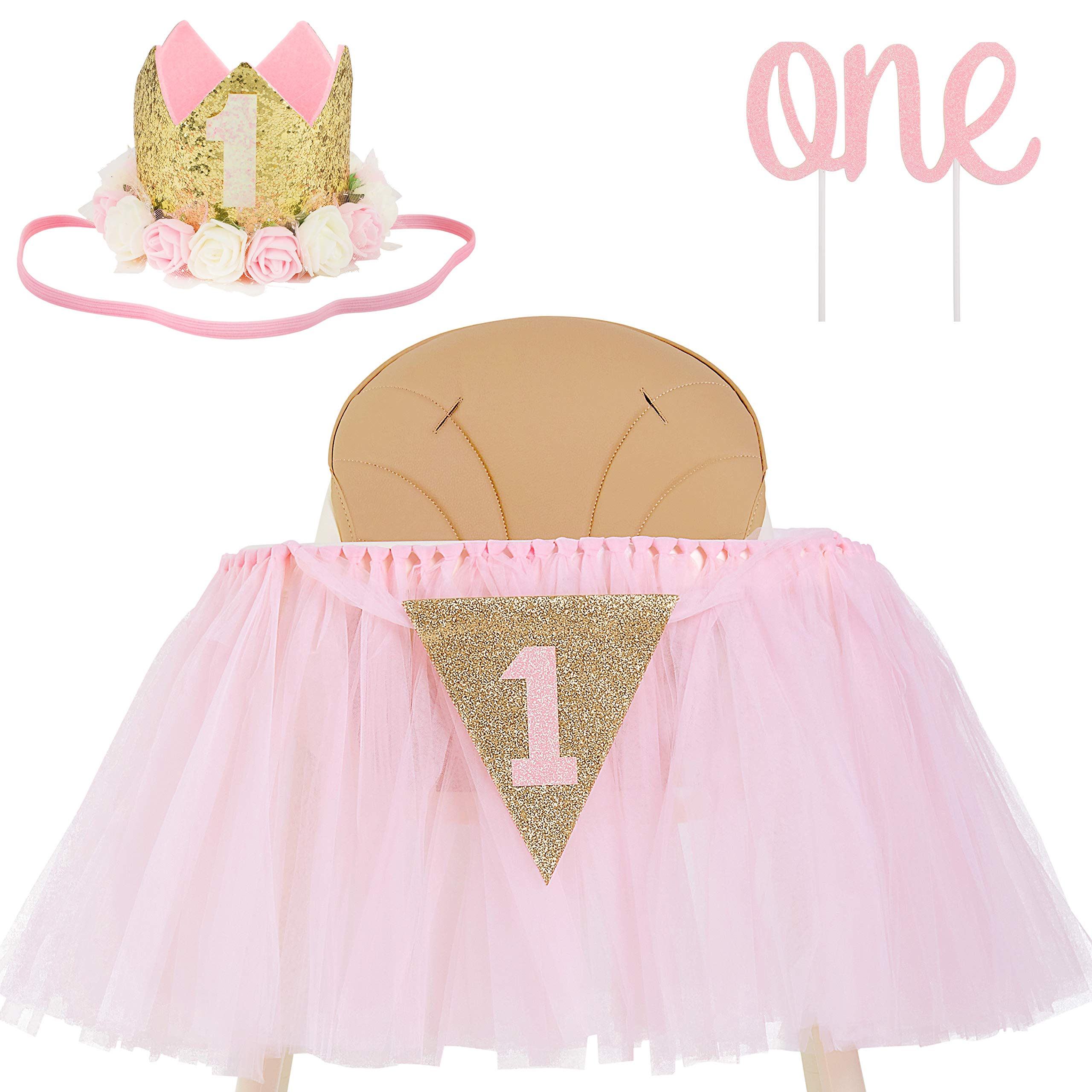 1st Birthday Girl Decoration High Chair Tutu Skirt WITH No.1 Crown -1st Birthday Decorations Cake Smash for Baby Girls - First Birthday Banner, Princess Crown and 'ONE' Cake Topper in Baby Pink n Gold