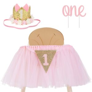 1st Birthday Girl Decoration High Chair Tutu Skirt WITH No.1 Crown -1st Birthday Decorations Cake Smash for Baby Girls - First Birthday Banner, Princess Crown and 'ONE' Cake Topper in Baby Pink n Gold