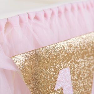 1st Birthday Girl Decoration High Chair Tutu Skirt WITH No.1 Crown -1st Birthday Decorations Cake Smash for Baby Girls - First Birthday Banner, Princess Crown and 'ONE' Cake Topper in Baby Pink n Gold