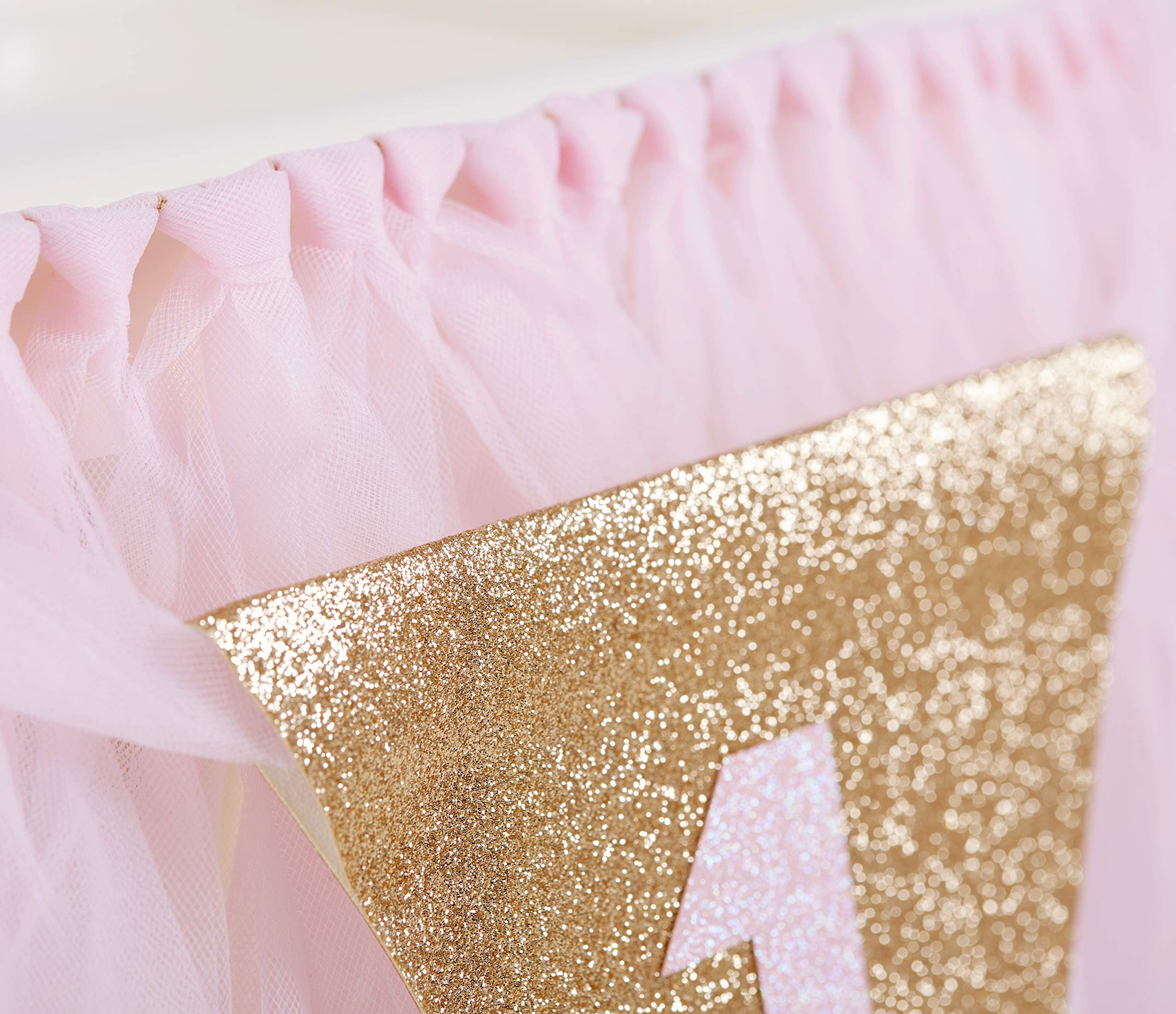 1st Birthday Girl Decoration High Chair Tutu Skirt WITH No.1 Crown -1st Birthday Decorations Cake Smash for Baby Girls - First Birthday Banner, Princess Crown and 'ONE' Cake Topper in Baby Pink n Gold