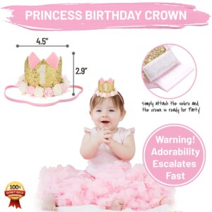 1st Birthday Girl Decoration High Chair Tutu Skirt WITH No.1 Crown -1st Birthday Decorations Cake Smash for Baby Girls - First Birthday Banner, Princess Crown and 'ONE' Cake Topper in Baby Pink n Gold