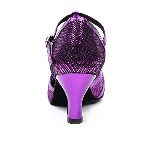 SWDZM Women Glitter Latin Dance Shoes Closed Toe Ballroom Salsa Tango Practice Performence Party Dancing Shoes,2040-Purple-LJS,Heel 2 2/5'',US 9