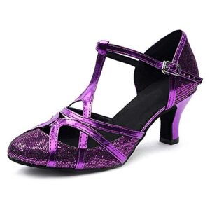 SWDZM Women Glitter Latin Dance Shoes Closed Toe Ballroom Salsa Tango Practice Performence Party Dancing Shoes,2040-Purple-LJS,Heel 2 2/5'',US 9