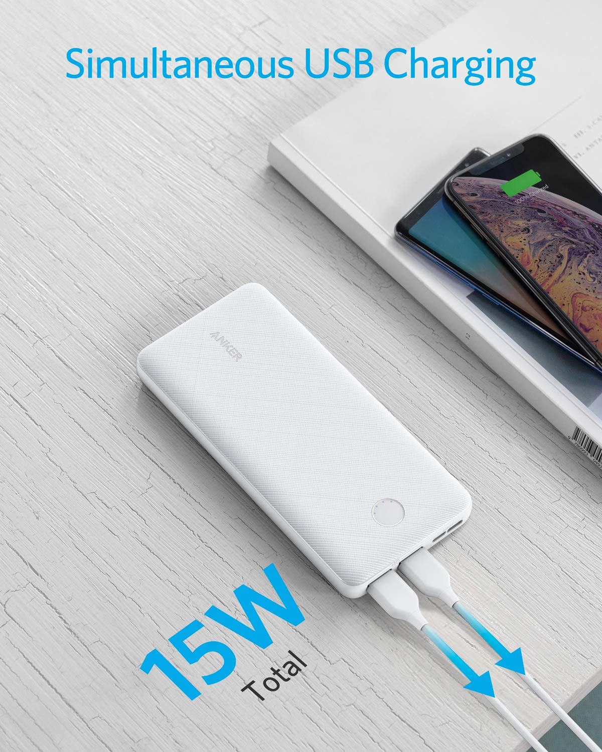 Anker Portable Charger, Power Bank, 20,000mAh Battery Pack with PowerIQ Technology and USB-C (Recharging Only) for iPhone 15/15 Plus/15 Pro/15 Pro Max, iPhone 14/13/12 Series, Samsung Galaxy (White)