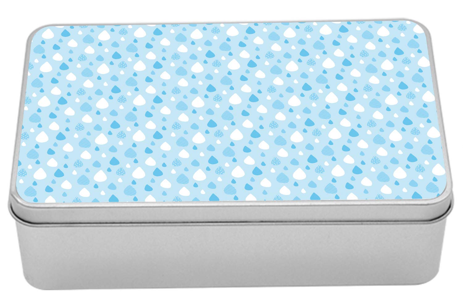 Ambesonne Abstract Tin Box, Raindrops in Soft Tones Doodle Pastel Cartoon Repetition, Portable Rectangle Metal Organizer Storage Box with Lid, 7.2" X 4.7" X 2.2", Pale Blue White