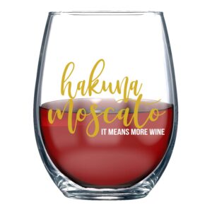 funnwear hakuna moscato - 15oz funny wine glass unique happy birthday novelty idea for him, her, mom, women, men wife, boss, sister, best friend, bff, aunt - perfect for coworker