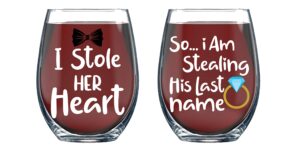 i stole her heart so i'm stealing - 15oz wine glass set of 2 fiance fiancee funny wedding engagement gifts idea for husband wife bride groom mr and mrs his and hers anniversary couple - by funnwear