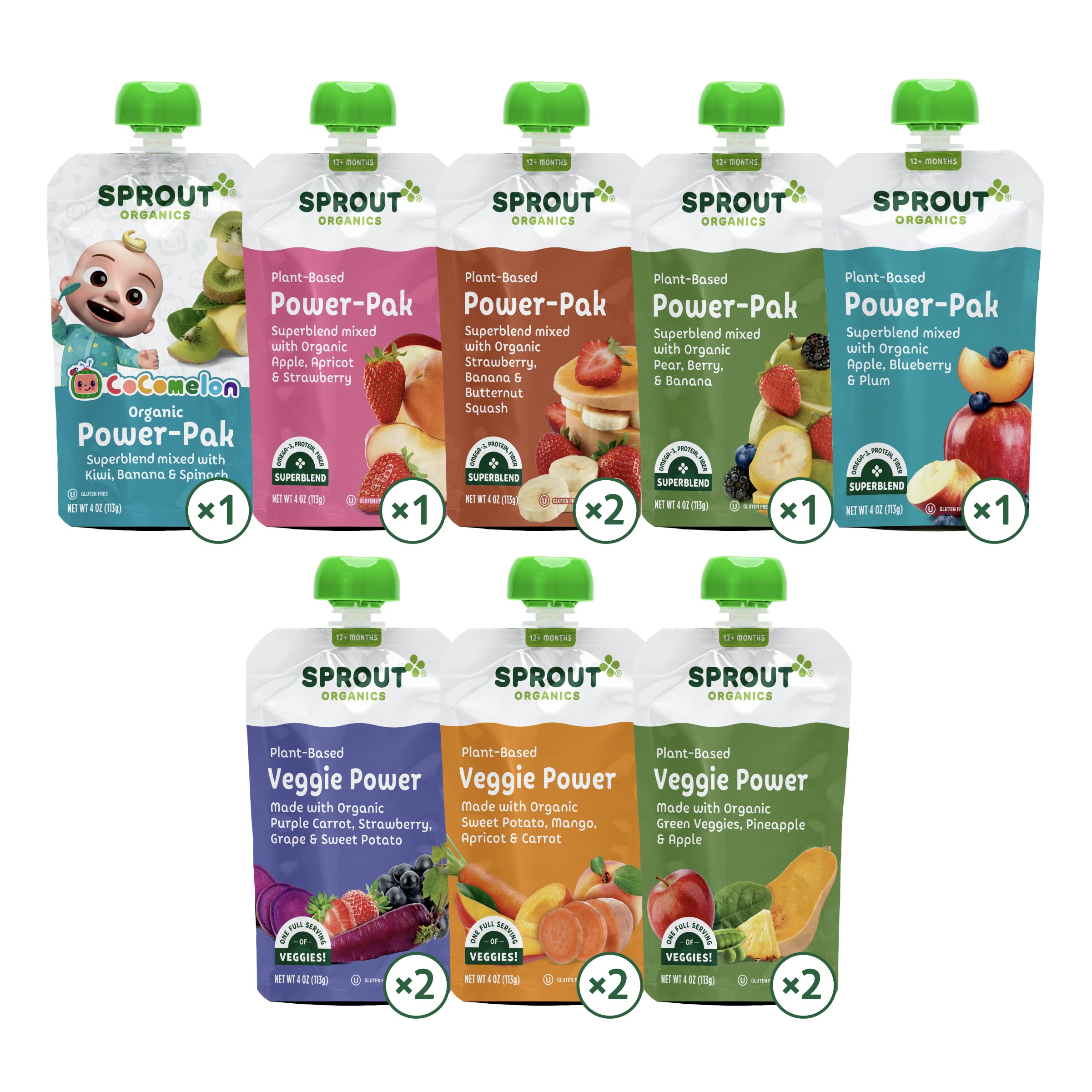 Sprout Organic Baby Food, Stage 4 Toddler Pouches, 9 Flavor Power Pak and Veggie Power Sampler, 4 Oz Purees (Pack of 12)