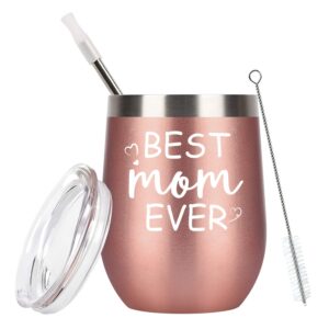 gingprous best mom ever wine tumbler with lid and straw, mother's day birthday gifts for mom mommy mother, stainless steel insulated mom wine tumbler with saying for women (12 oz, rose gold)