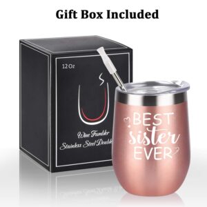 GINGPROUS Best Sister Ever Wine Tumbler with Lid, Sisters Birthday Gifts from Sister Brother Sister in Law Wine Tumbler, Stainless Steel Insulated Wine Tumbler with Straw (12 Oz, Rose Gold)