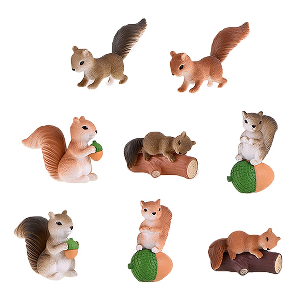 8 Pcs Squirrel Figures Animal Character Toys Cake Toppers, Squirrel Fairy Garden Miniature Figurines Collection Playset Christmas Birthday Gift Desk Decorations