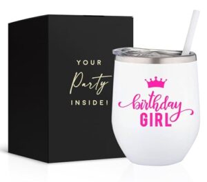 your dream party shop powder coated stainless steel 12oz stemless wine glass with straw and lid with print (birthday girl)