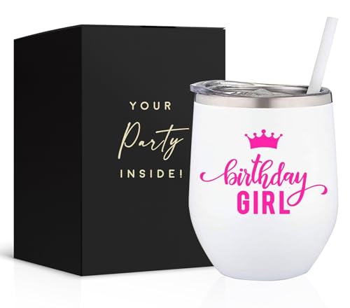 Your Dream Party Shop Powder Coated Stainless Steel 12oz Stemless Wine Glass with Straw and Lid with Print (Birthday Girl)