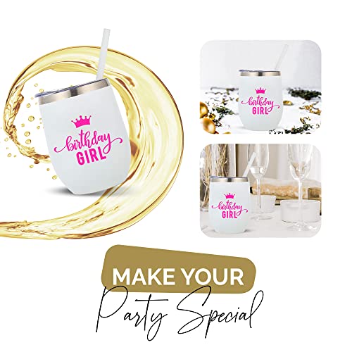 Your Dream Party Shop Powder Coated Stainless Steel 12oz Stemless Wine Glass with Straw and Lid with Print (Birthday Girl)