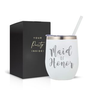your dream party shop maid of honor gifts tumbler cup, white powder coated stainless steel 12oz stemless proposal wine glass maid of honor cup, bridesmaid tumblers (maid of honor)