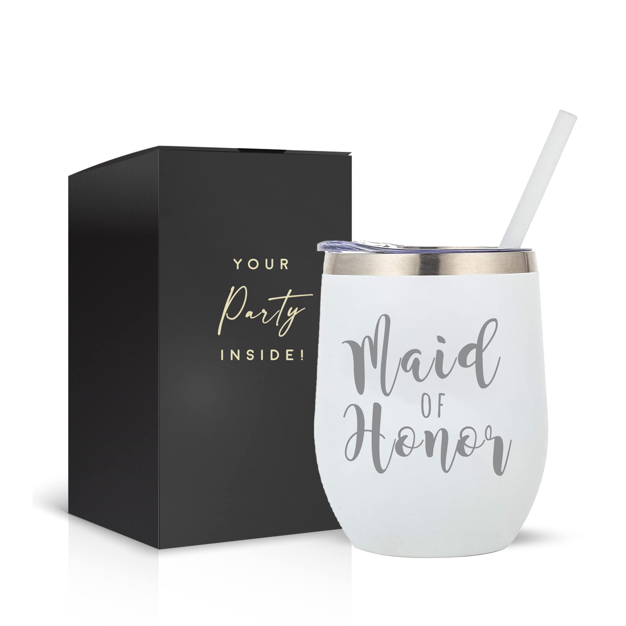 Your Dream Party Shop Maid of Honor Gifts Tumbler Cup, White Powder Coated Stainless Steel 12oz Stemless Proposal Wine Glass Maid of Honor Cup, Bridesmaid Tumblers (Maid of Honor)