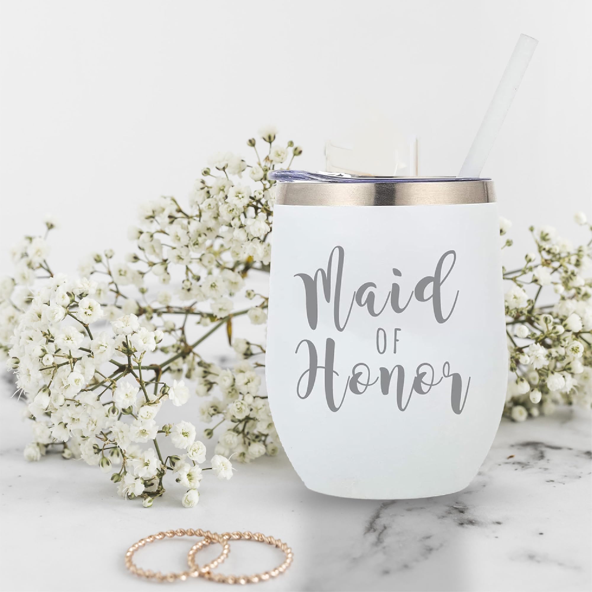 Your Dream Party Shop Maid of Honor Gifts Tumbler Cup, White Powder Coated Stainless Steel 12oz Stemless Proposal Wine Glass Maid of Honor Cup, Bridesmaid Tumblers (Maid of Honor)