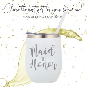 Your Dream Party Shop Maid of Honor Gifts Tumbler Cup, White Powder Coated Stainless Steel 12oz Stemless Proposal Wine Glass Maid of Honor Cup, Bridesmaid Tumblers (Maid of Honor)