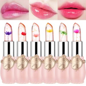 eakroo flower lip gloss crystal jelly lipstick, 6 packs long lasting nutritious lip balm lips moisturizer magic temperature color change lipgloss (pink)