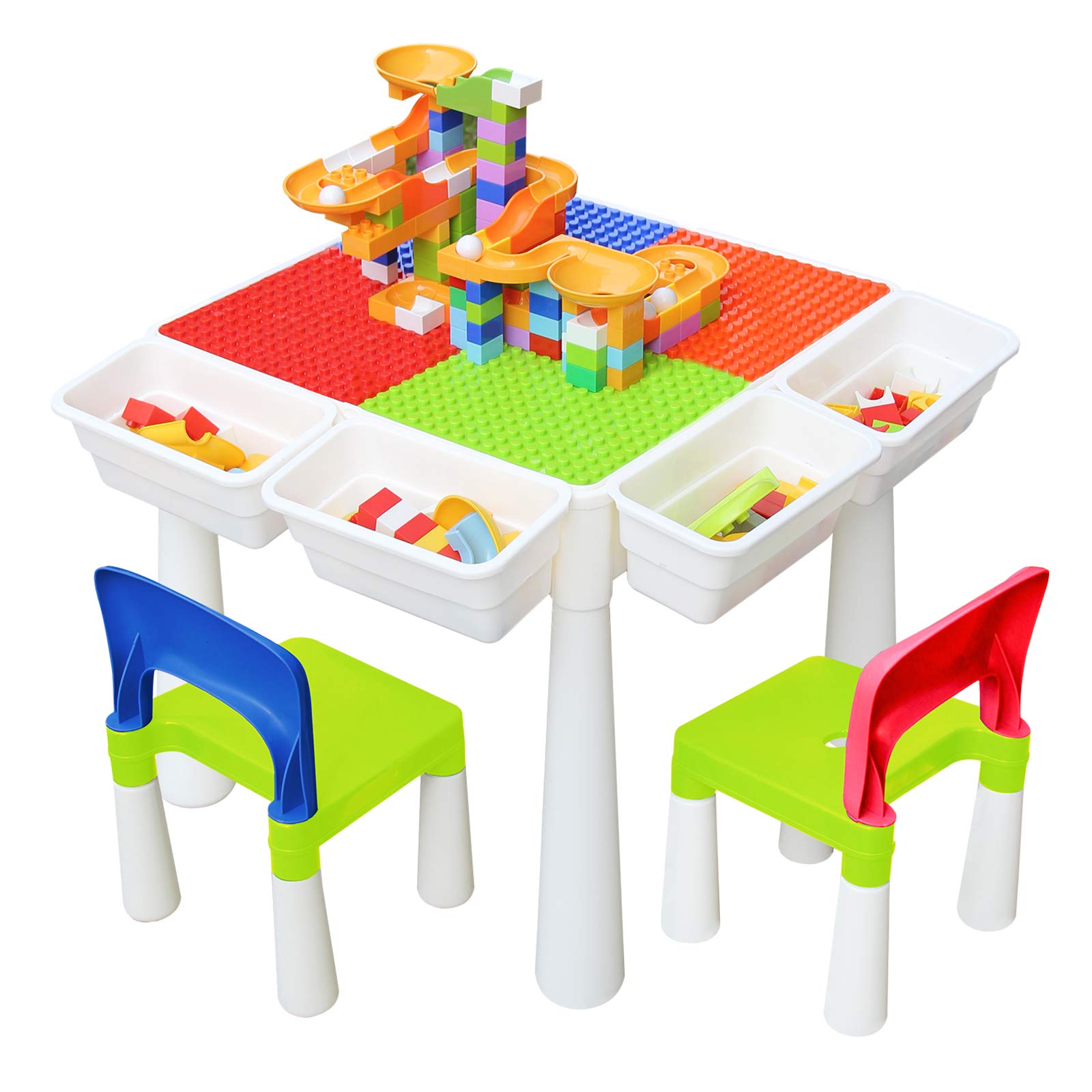 Glaf Toddler Table and Chair Set 7 in 1 Kids Multi Activity Table with 2 Chairs and 120 Pieces Large Building Block with Storage Play Water Compatible for Boys Girls (Classic, 20 Inches)