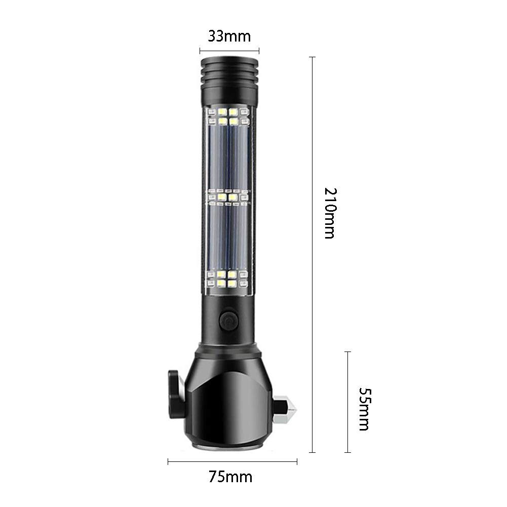 Serjur 8 in 1 Multi Function Flash Light,USB Rechargeable Solar Powered Flashlight with Glass Breaker,Seatbelt Cutter,Alarm and Phone Charger, Car LED Tactical Flashlight for Emergencies