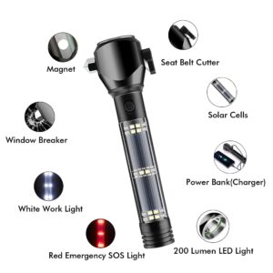 Serjur 8 in 1 Multi Function Flash Light,USB Rechargeable Solar Powered Flashlight with Glass Breaker,Seatbelt Cutter,Alarm and Phone Charger, Car LED Tactical Flashlight for Emergencies