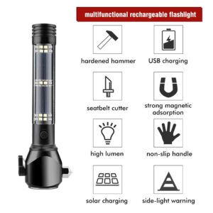 Serjur 8 in 1 Multi Function Flash Light,USB Rechargeable Solar Powered Flashlight with Glass Breaker,Seatbelt Cutter,Alarm and Phone Charger, Car LED Tactical Flashlight for Emergencies