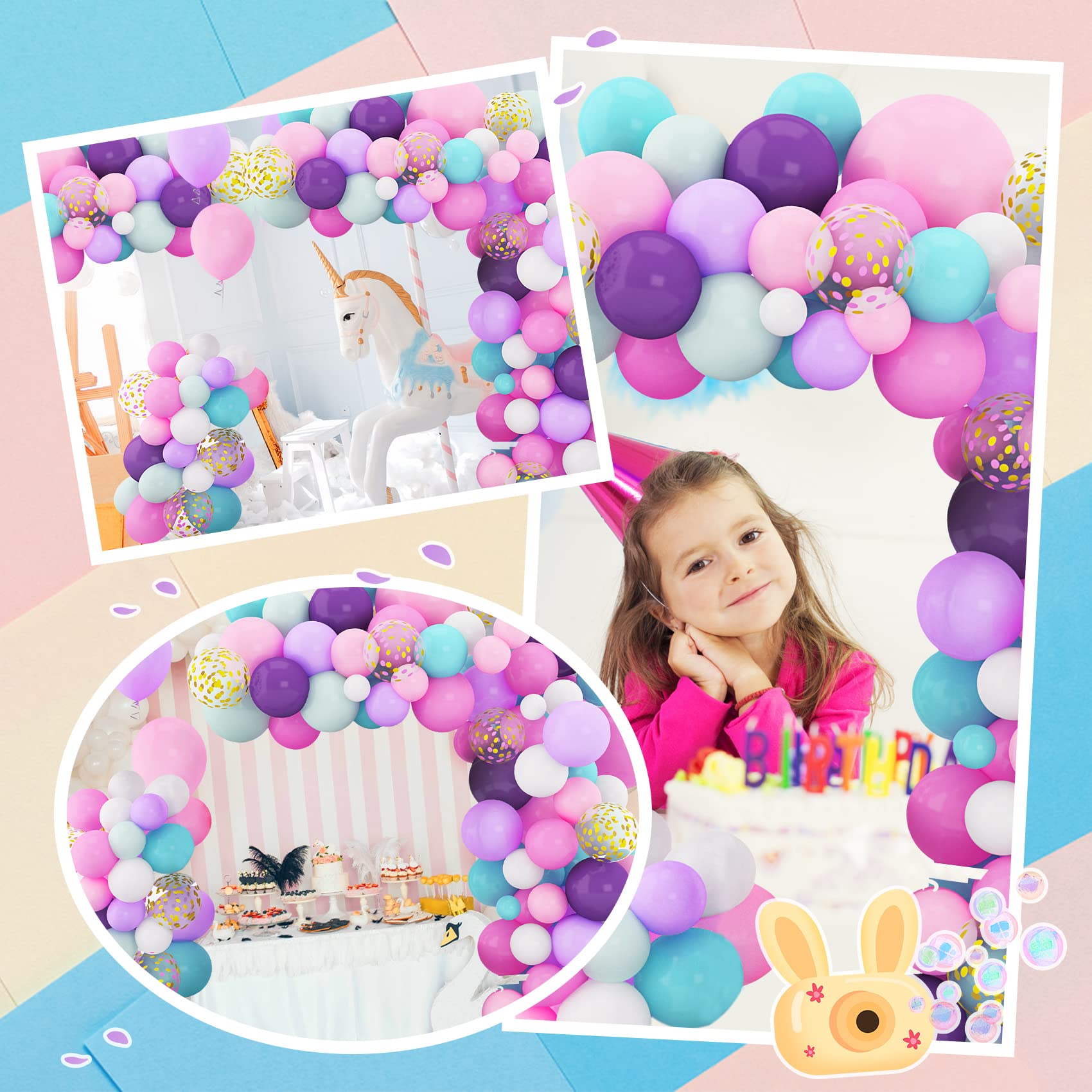 Amandir 168Pcs Unicorn Balloon Garland Arch Kit 12''10''5'' Pink Purple Blue Gold Confetti Magic Movie Balloons for Baby Shower Wedding Birthday Party Decorations Supplies for Girl 3 Balloon Tools