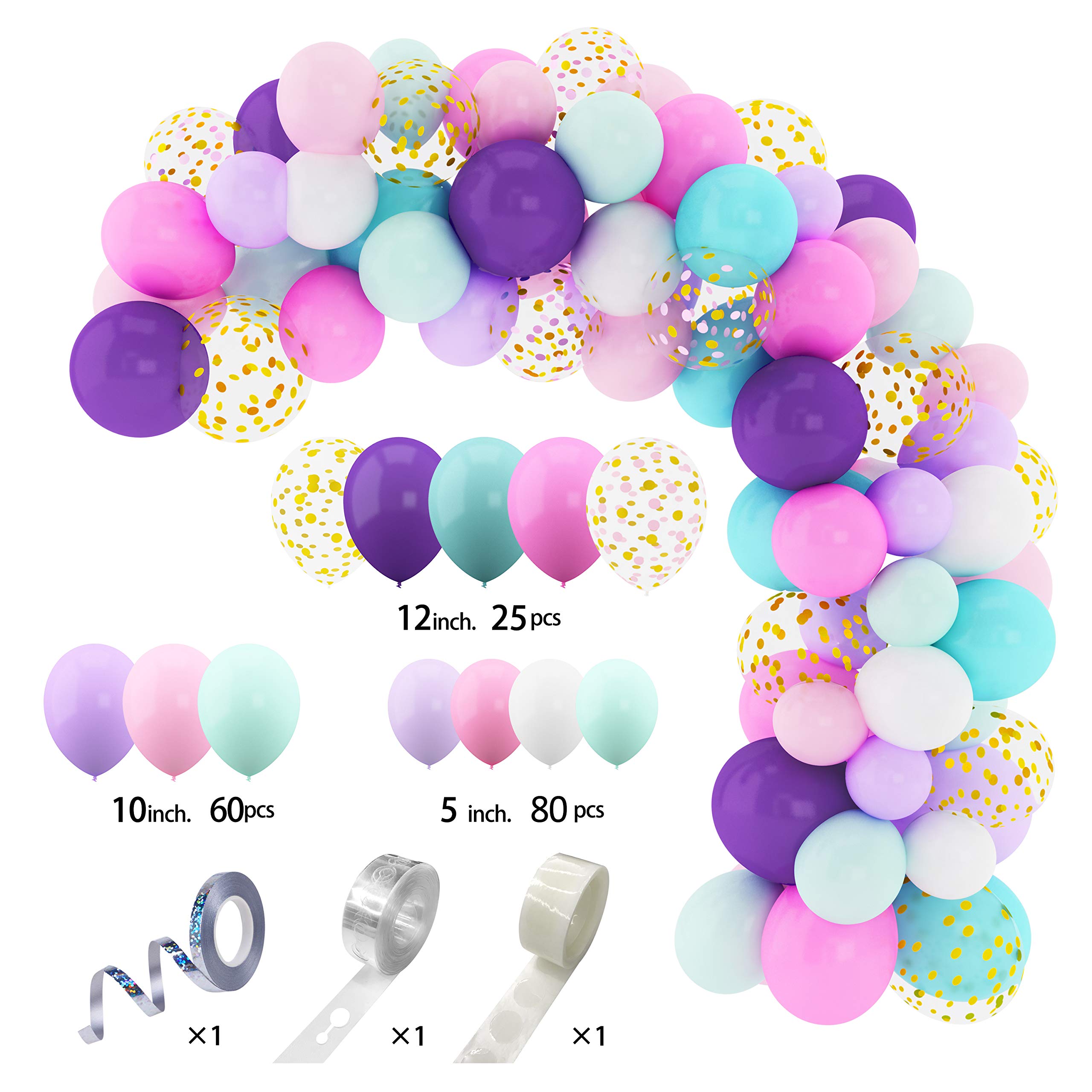 Amandir 168Pcs Unicorn Balloon Garland Arch Kit 12''10''5'' Pink Purple Blue Gold Confetti Magic Movie Balloons for Baby Shower Wedding Birthday Party Decorations Supplies for Girl 3 Balloon Tools