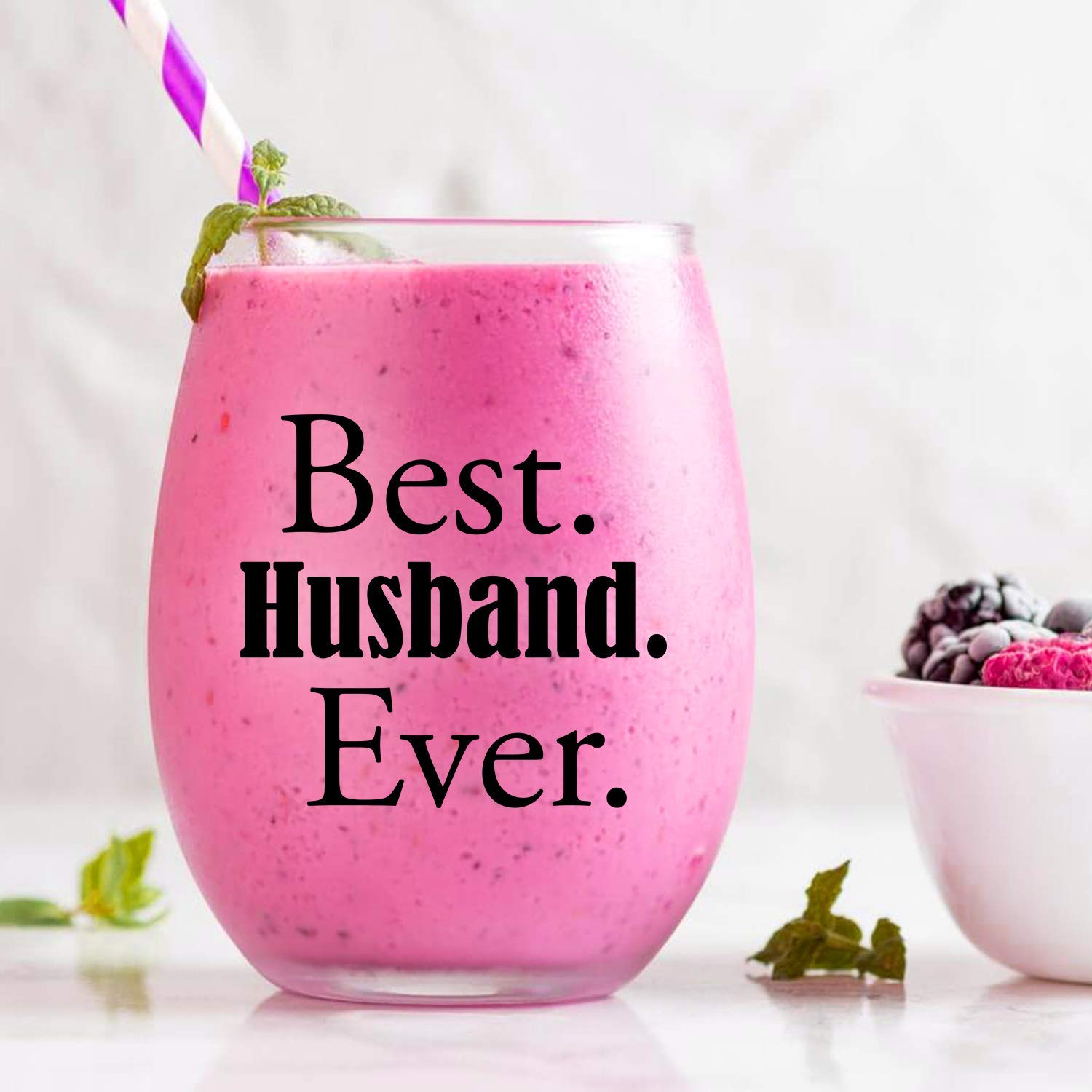 Momstir Best Husband Ever 15oz Stemless Wine Glass with Sayings Unique Present for Him, Hubby, Men, Husband from Wife - Romantic Idea for Anniversary, Birthday