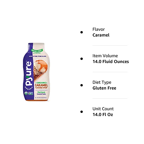 Pyure Organic Caramel Flavored Syrup, Zero Sugar, 1 Net Carb, Gluten-Free, Plant-Based for Vegan Keto Friendly Food, 14 Oz