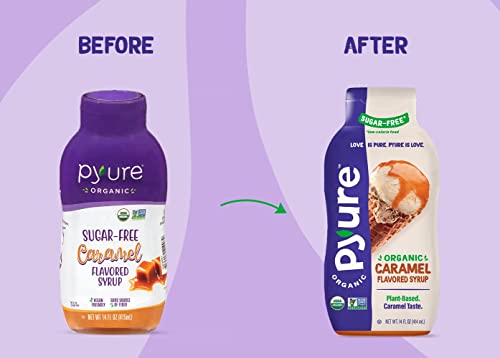 Pyure Organic Caramel Flavored Syrup, Zero Sugar, 1 Net Carb, Gluten-Free, Plant-Based for Vegan Keto Friendly Food, 14 Oz