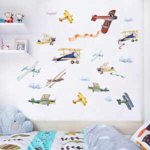 watercolor airplane wall decals, removable wall stickers for nursery playroom kids bedroom decoration, aircrafts theme boys bedroom wall decoration (airplane, 9.8" x 18" x4pcs)