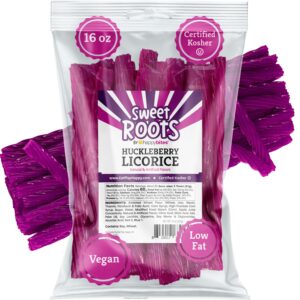 sweet roots by happy bites huckleberry licorice twists - jumbo size - made with real fruit juice - certified kosher - vegan - gourmet - low fat (16 oz)