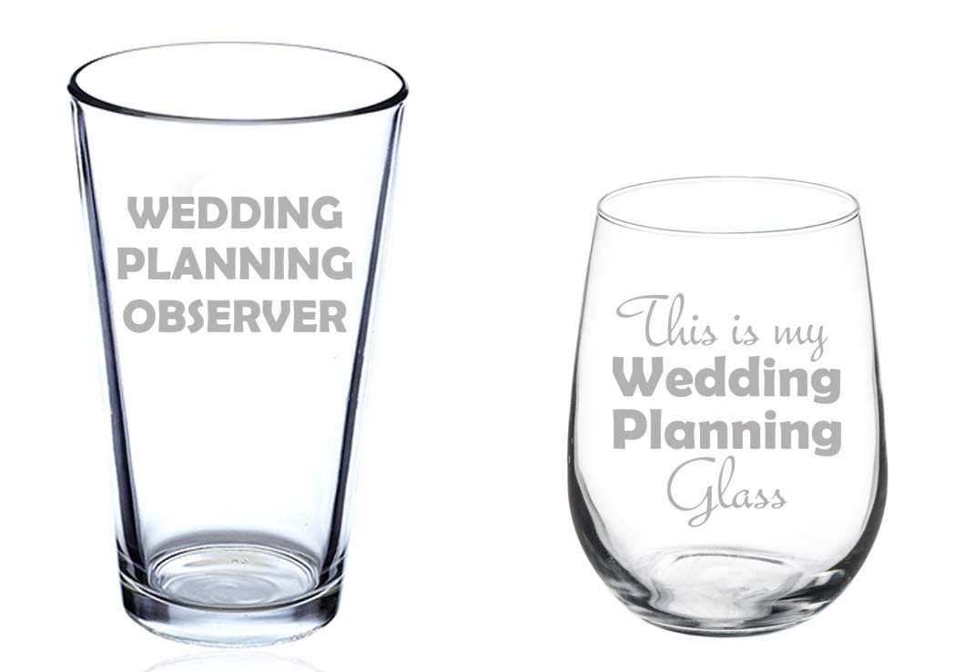 MIP Brand Set of 2 Glasses Stemless WINE & Beer PINT Glass Wedding Planning Funny Engaged Couple