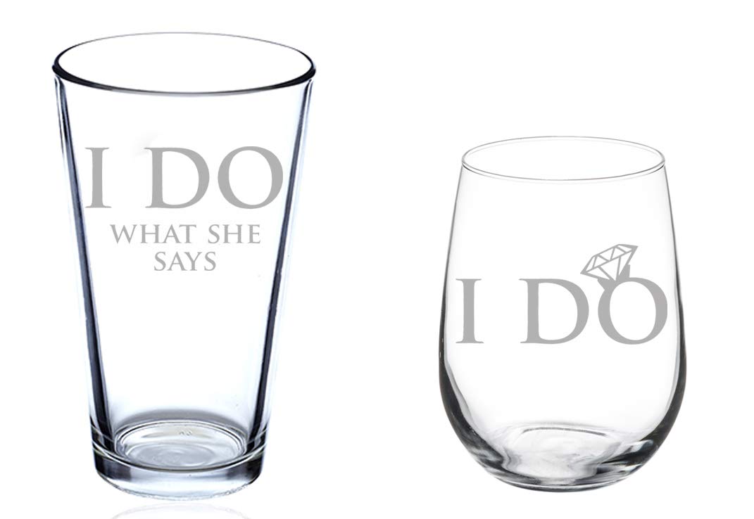 MIP Brand Set of 2 Glasses Stemless WINE & Beer PINT Glass I Do What She Says Bride Groom Wedding Engagement
