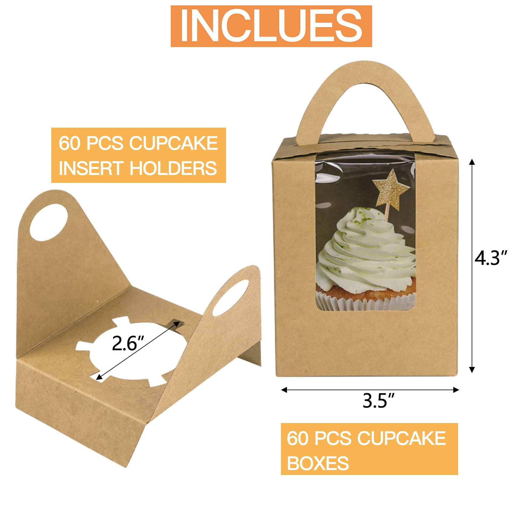 NPLUX Cupcake Boxes,60pcs Single Cupcake Carrier with Window Inserts for Bakery Wrapping(Brown)