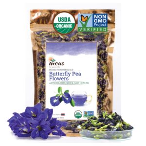 incas 100% usda organic butterfly pea flower 4.41 oz (375+ cups) direct from source thailand non gmo verified dried caffeine free gluten free vegan rich in antioxidants free ebook