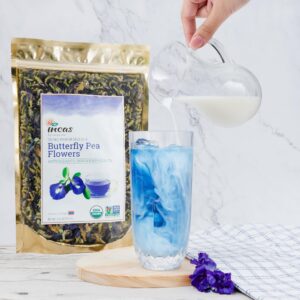 INCAS 100% USDA Organic Butterfly Pea Flower 4.41 oz (375+ Cups) DIRECT FROM SOURCE Thailand Non GMO Verified Dried Caffeine Free Gluten Free Vegan Rich in Antioxidants Free eBook