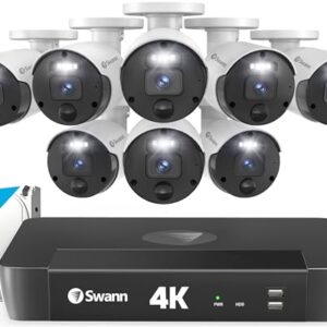 Swann 4K Master Security Camera System, 8pcs PoE Bullet Cameras, 8CH Cat5e Wired NVR System with 2TB HDD, Sensor Spotlights, Color Night Vision, 24/7 Home Surveillance, True Detect, Indoor/Outdoor