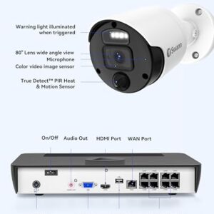 Swann 4K Master Security Camera System, 8pcs PoE Bullet Cameras, 8CH Cat5e Wired NVR System with 2TB HDD, Sensor Spotlights, Color Night Vision, 24/7 Home Surveillance, True Detect, Indoor/Outdoor