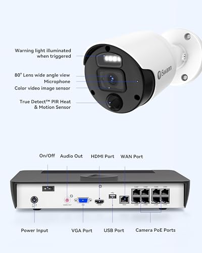 Swann 4K Master Security Camera System, 8pcs PoE Bullet Cameras, 8CH Cat5e Wired NVR System with 2TB HDD, Sensor Spotlights, Color Night Vision, 24/7 Home Surveillance, True Detect, Indoor/Outdoor